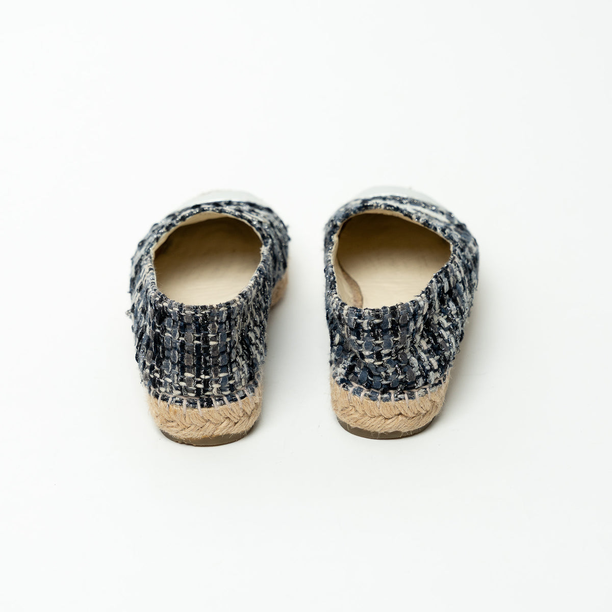 Pre-Loved Chanel™ Black and Slate Grey Tweed Espadrilles with Silver Metallic Details Size 37