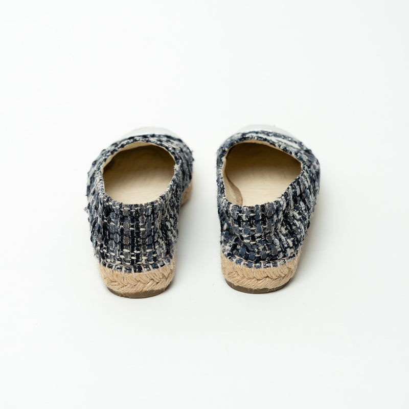 Pre-Loved Chanel™ Black and Slate Grey Tweed Espadrilles with Silver Metallic Details Size 37
