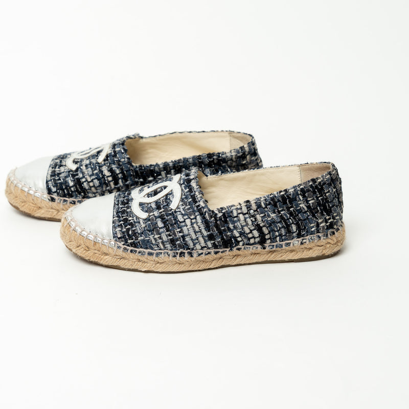 Pre-Loved Chanel™ Black and Slate Grey Tweed Espadrilles with Silver Metallic Details Size 37