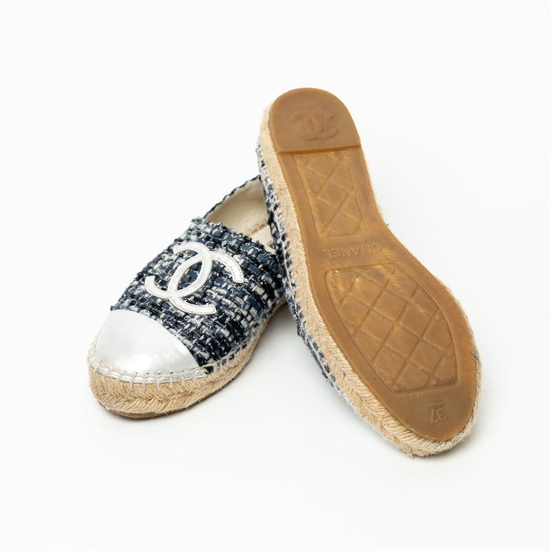 Pre-Loved Chanel™ Black and Slate Grey Tweed Espadrilles with Silver Metallic Details Size 37