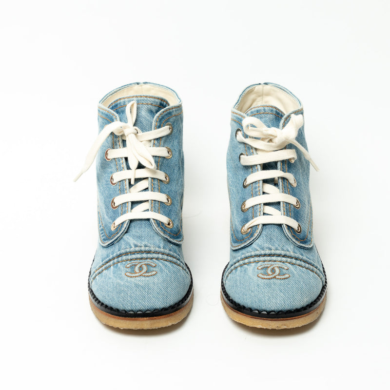 Pre-Loved Chanel™ Blue Denim Lace-Up Boots Size 41C
