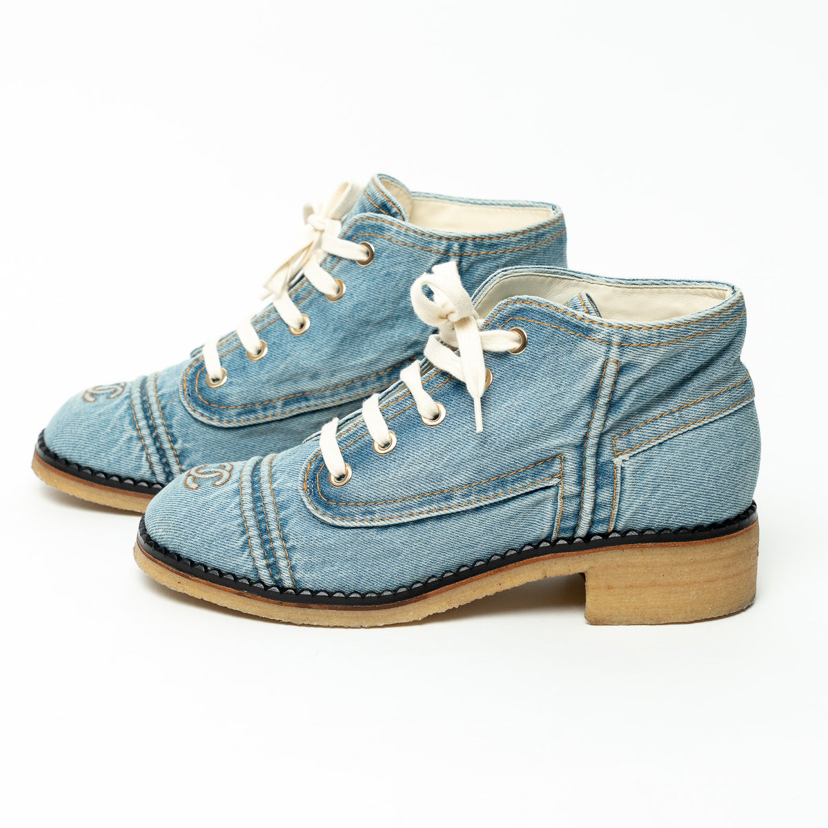 Pre-Loved Chanel™ Blue Denim Lace-Up Boots Size 41C