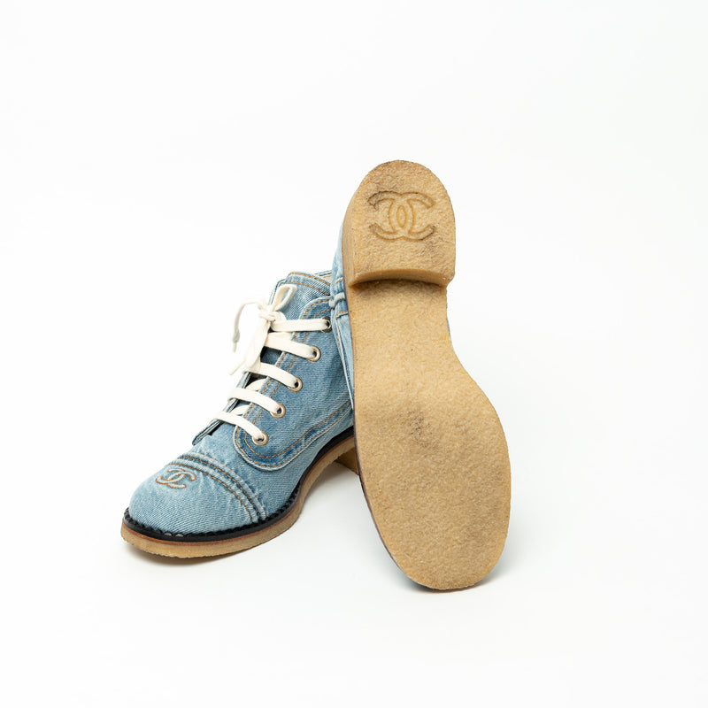 Pre-Loved Chanel™ Blue Denim Lace-Up Boots Size 41C