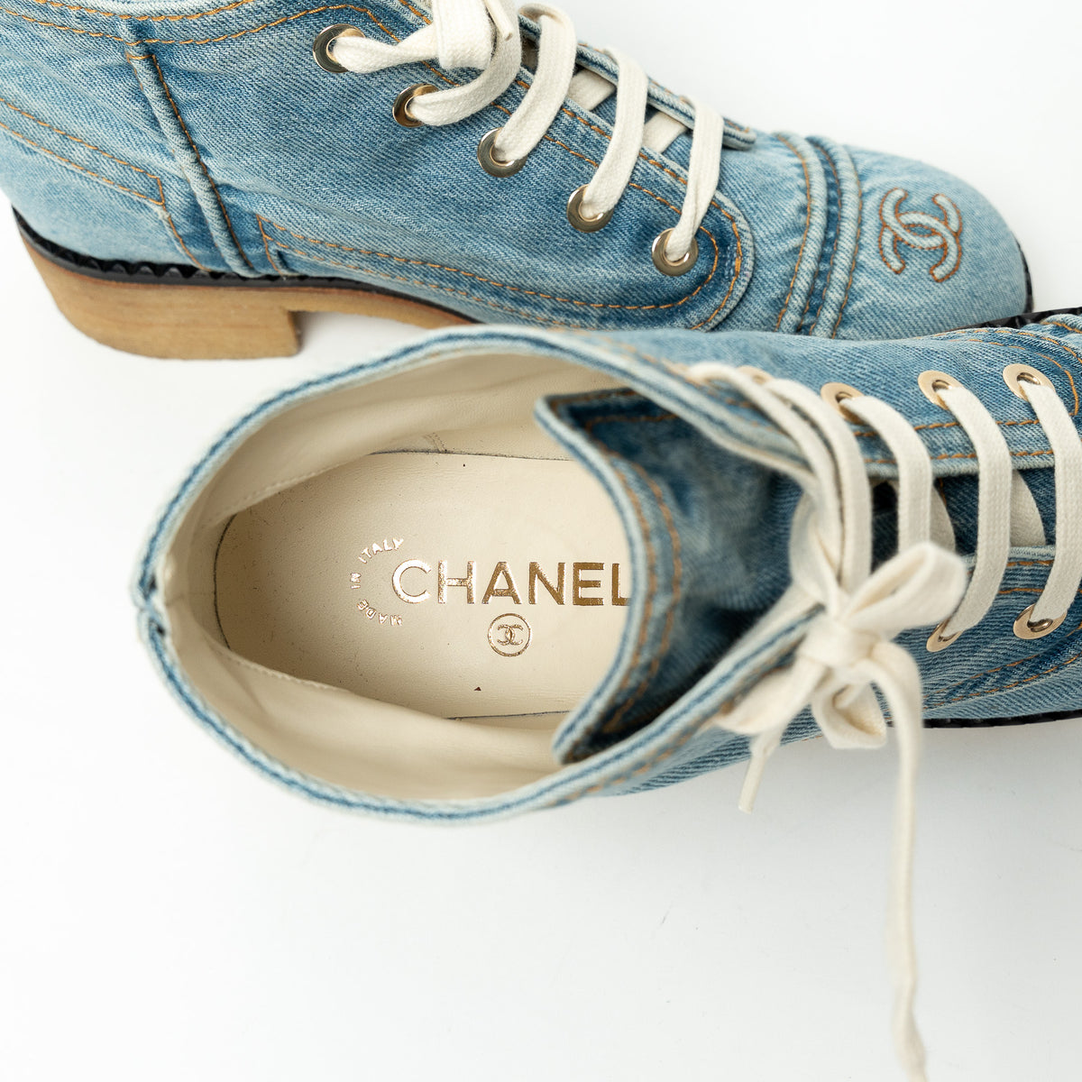 Pre-Loved Chanel™ Blue Denim Lace-Up Boots Size 41C
