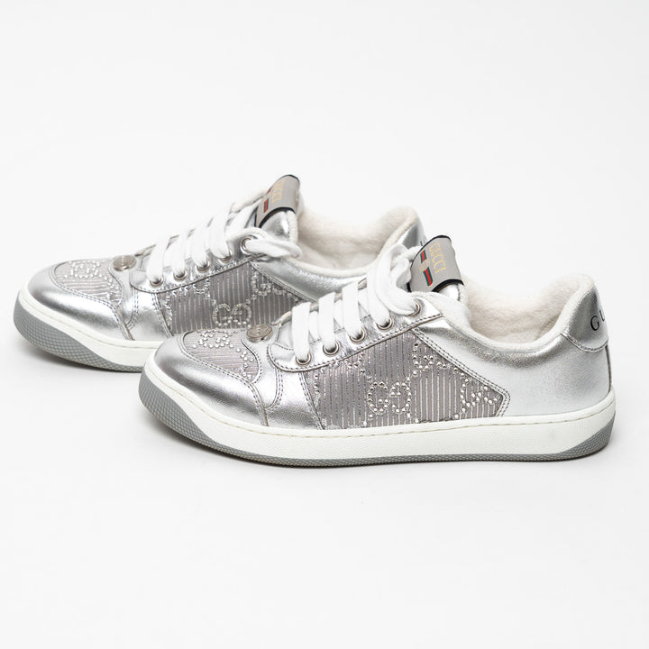 Gucci Metallic Silver Fabric and Leather GG Supreme Sneakers Size 37