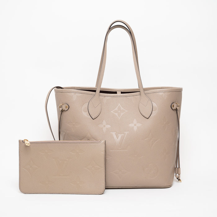 Louis Vuitton Neverfull MM handbag and pouch in Turtledove embossed Monogram Empreinte leather