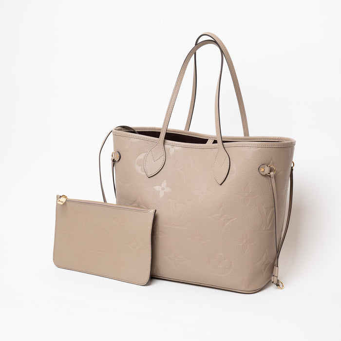 Louis Vuitton Neverfull MM handbag and pouch in Tourterelle Gray embossed Monogram Empreinte leather