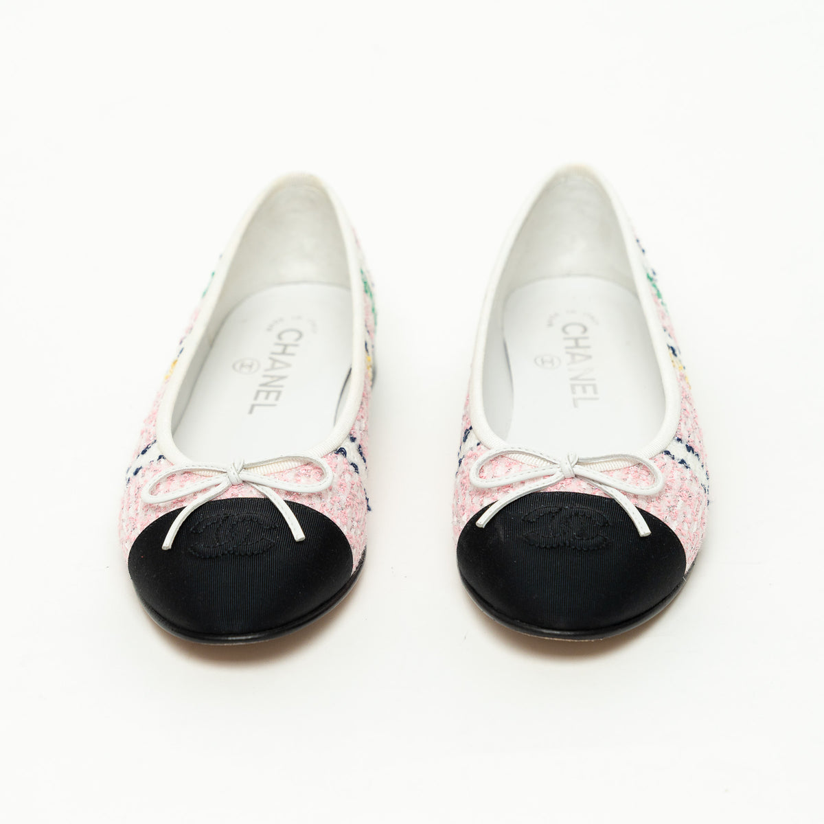 Pre-Loved Chanel™ Pink and White Multicolor Tweed Ballet Flats Size 36.5C