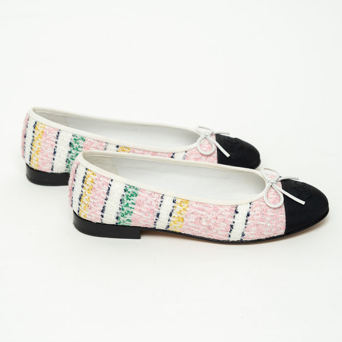 Pre-Loved Chanel™ Pink and White Multicolor Tweed Ballet Flats Size 36.5C