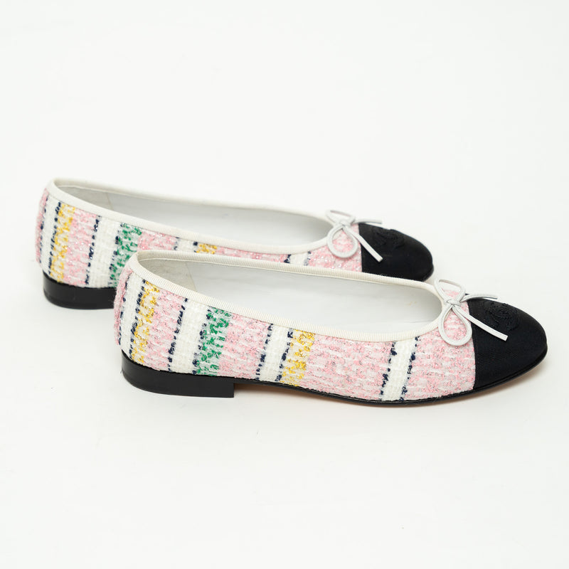 Pre-Loved Chanel™ Pink and White Multicolor Tweed Ballet Flats Size 36.5C