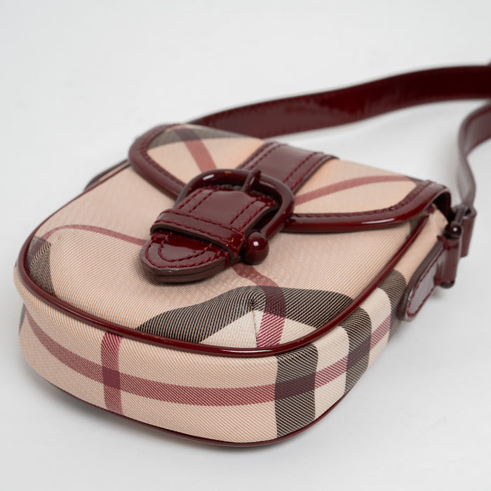 Burberry Maroon Patent Leather Beige Canvas Messenger Bag