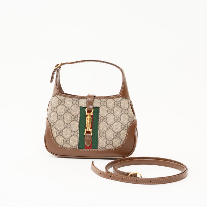 Gucci Jackie 1961 Mini bag in GG Supreme Canvas with Brown Leather Trim and Removeable Leather Strap