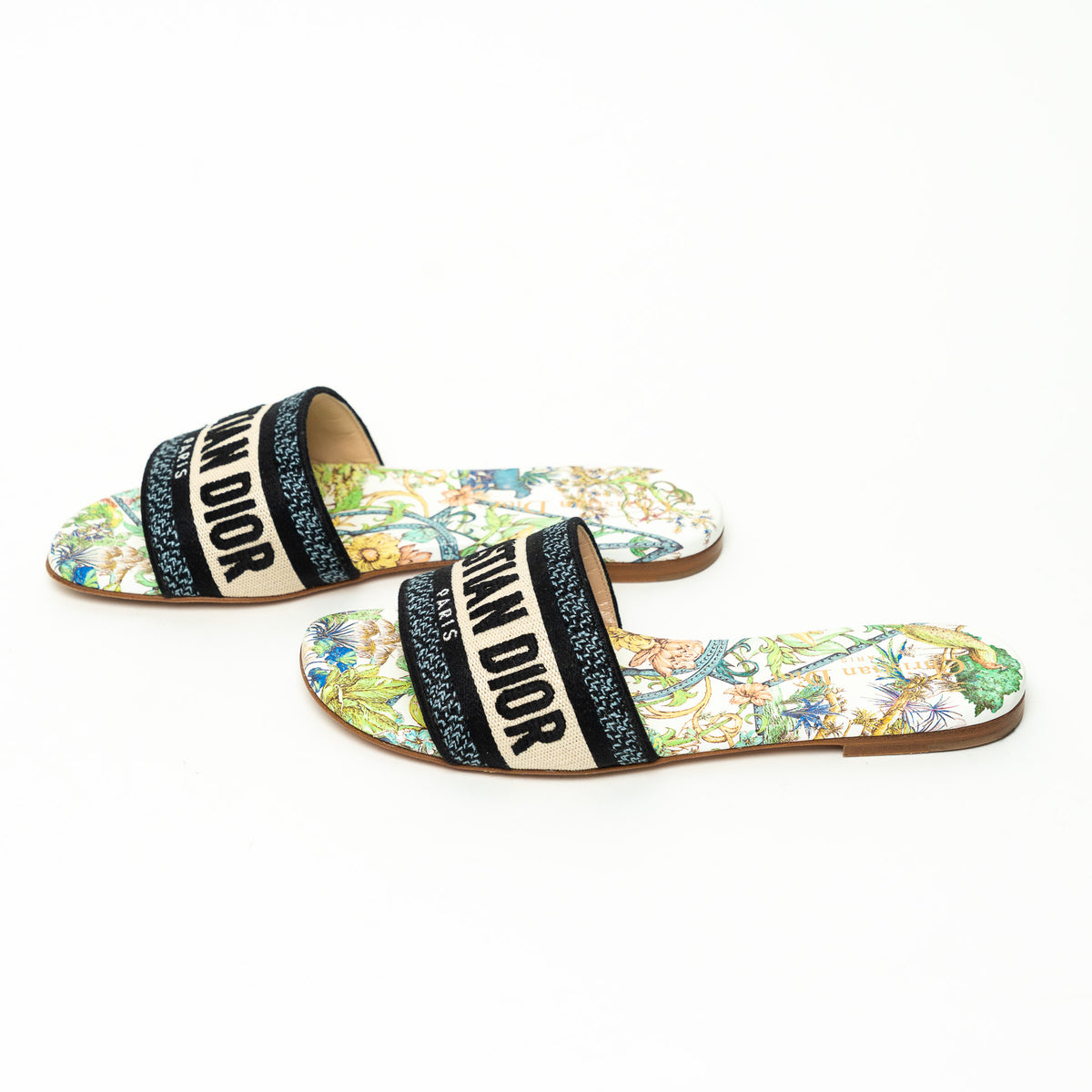 Dior White and Green Multicolor Floral Dway Sandals Size 36