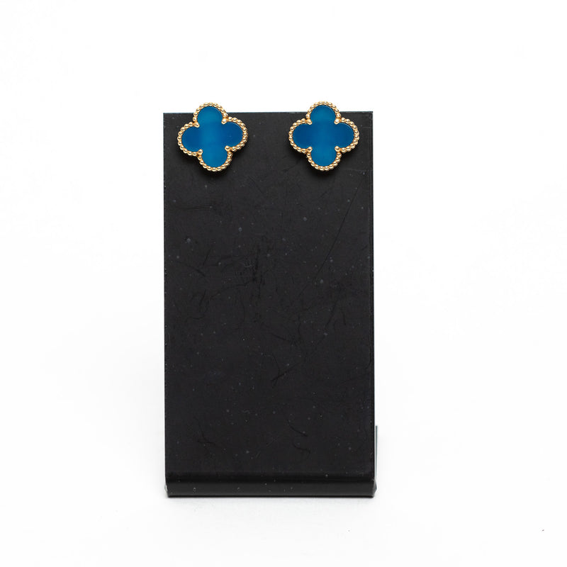 Van Cleef & Arpels 18k Gold Blue Agate Vintage Alhambra Earrings