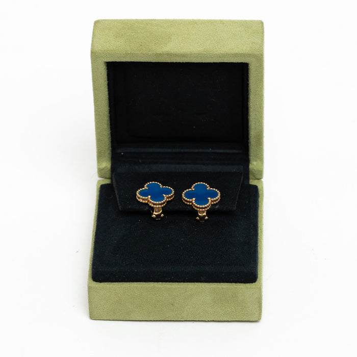 Van Cleef & Arpels 18k Gold Blue Agate Vintage Alhambra Earrings