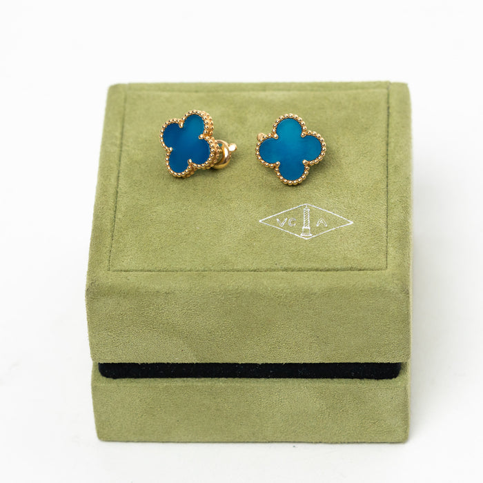 Van Cleef & Arpels 18k Gold Blue Agate Vintage Alhambra Earrings