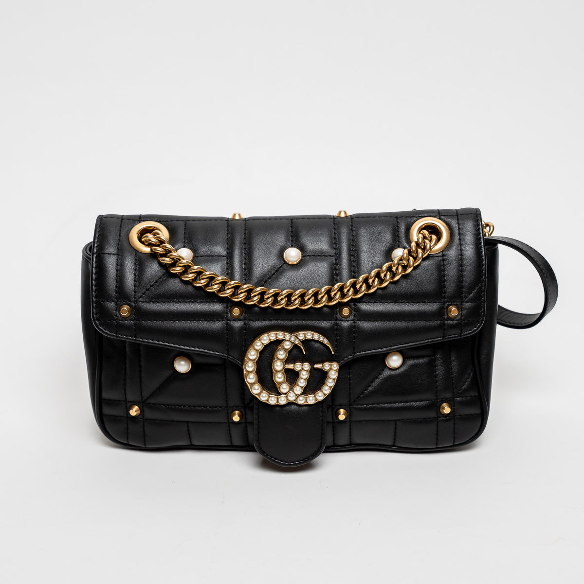 Gucci Black Calfskin Leather Faux Pearl GG Marmont Shoulder Bag