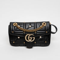 Gucci Black Calfskin Leather Faux Pearl GG Marmont Shoulder Bag