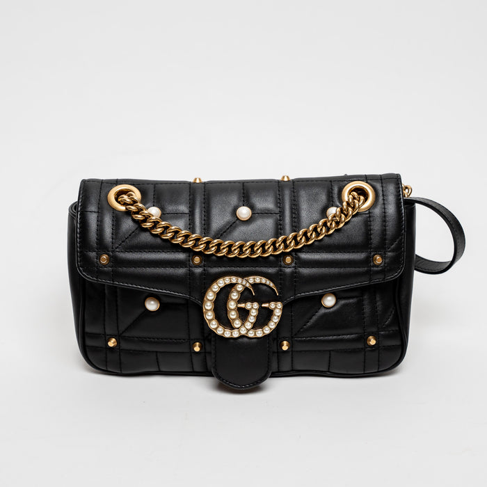 Gucci Black Calfskin Leather Faux Pearl GG Marmont Shoulder Bag