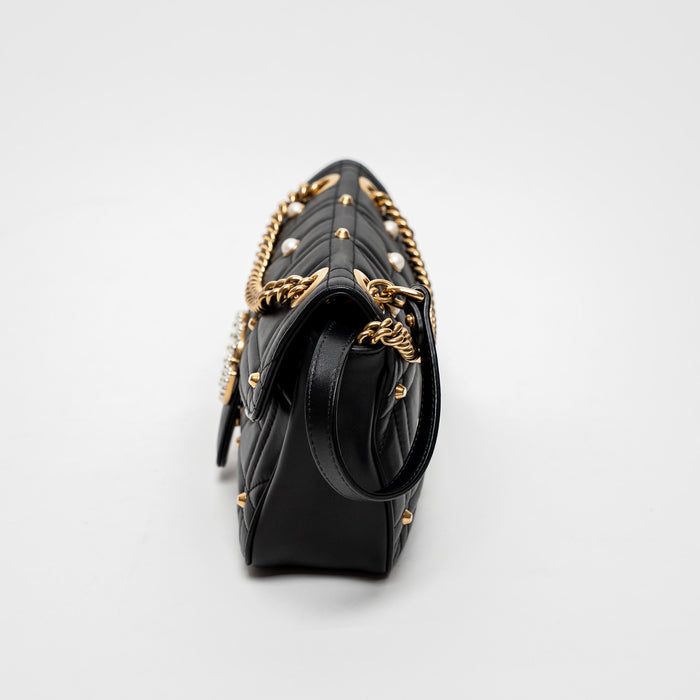 Gucci Black Calfskin Leather Faux Pearl GG Marmont Shoulder Bag