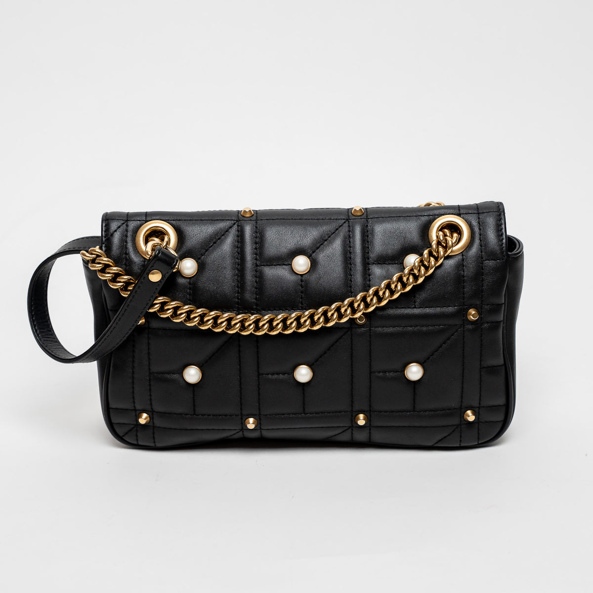 Gucci Black Calfskin Leather Faux Pearl GG Marmont Shoulder Bag