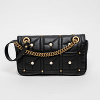 Gucci Black Calfskin Leather Faux Pearl GG Marmont Shoulder Bag