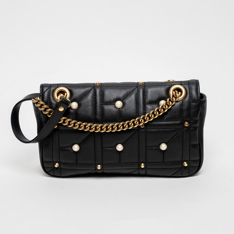 Gucci Black Calfskin Leather Faux Pearl GG Marmont Shoulder Bag
