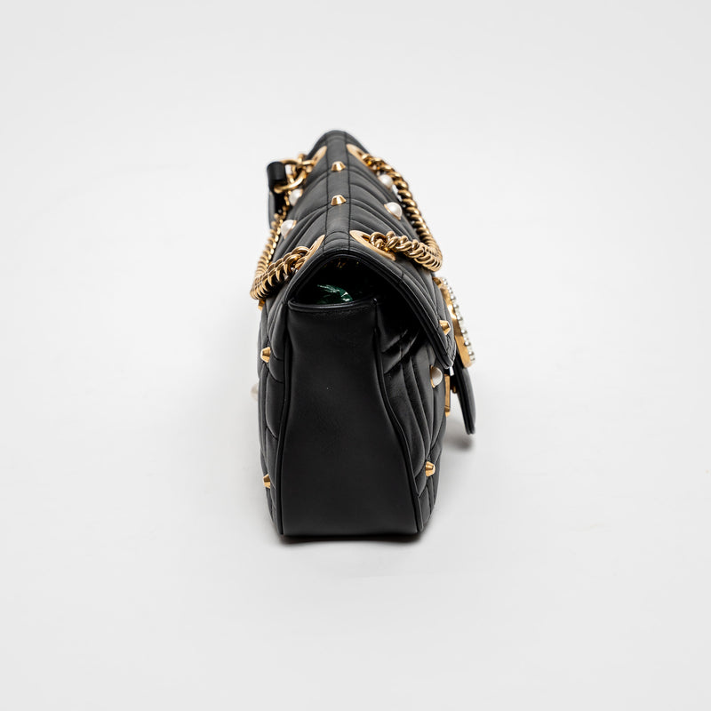 Gucci Black Calfskin Leather Faux Pearl GG Marmont Shoulder Bag