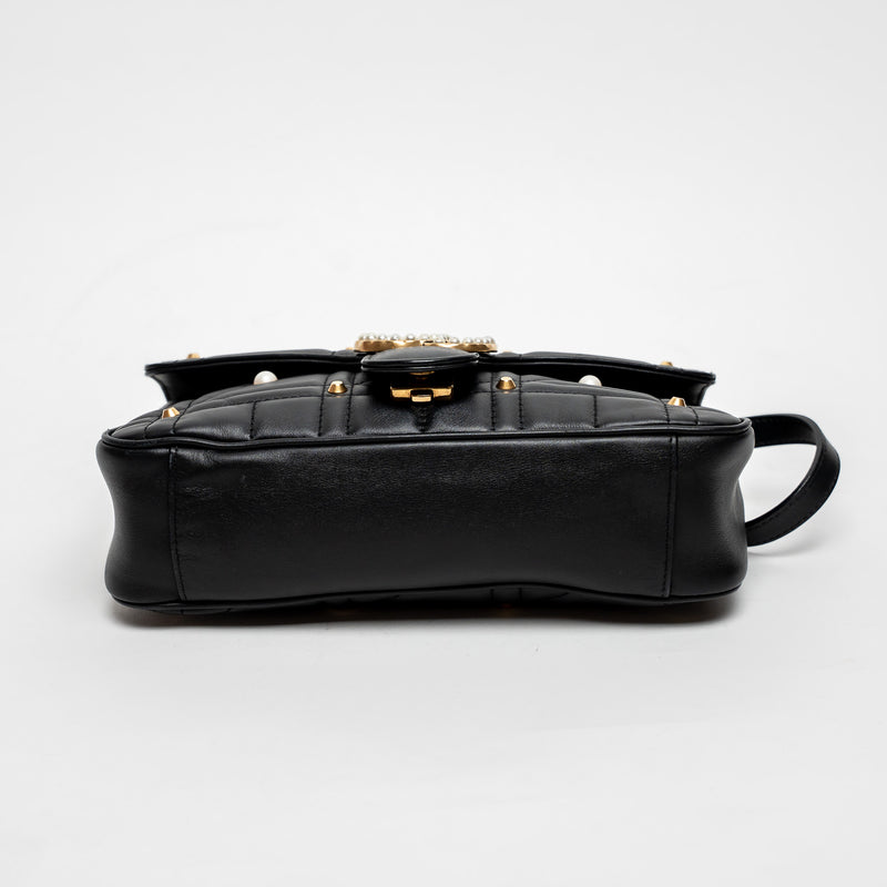 Gucci Black Calfskin Leather Faux Pearl GG Marmont Shoulder Bag