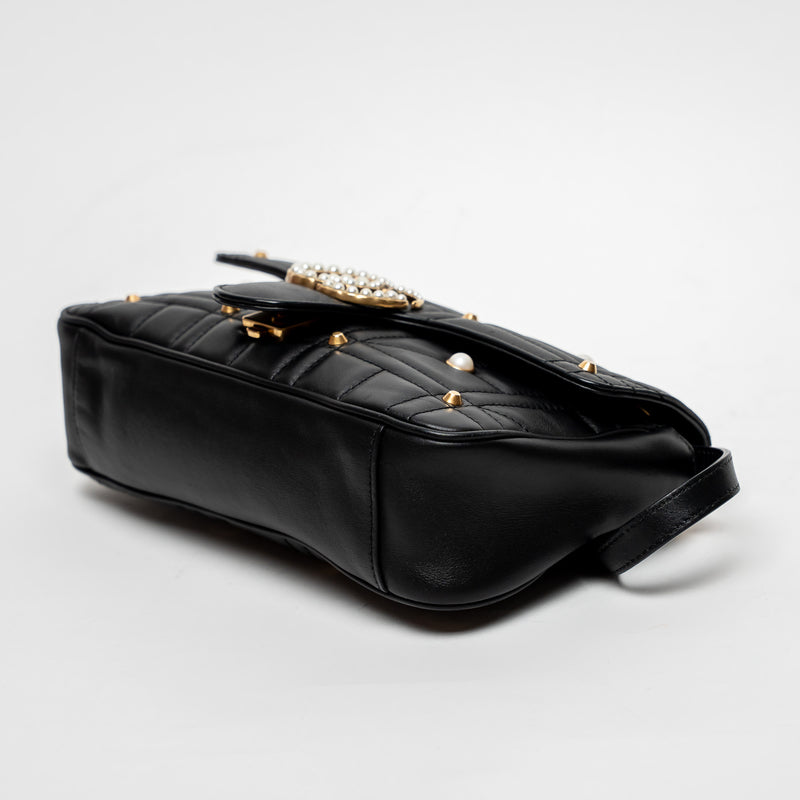 Gucci Black Calfskin Leather Faux Pearl GG Marmont Shoulder Bag