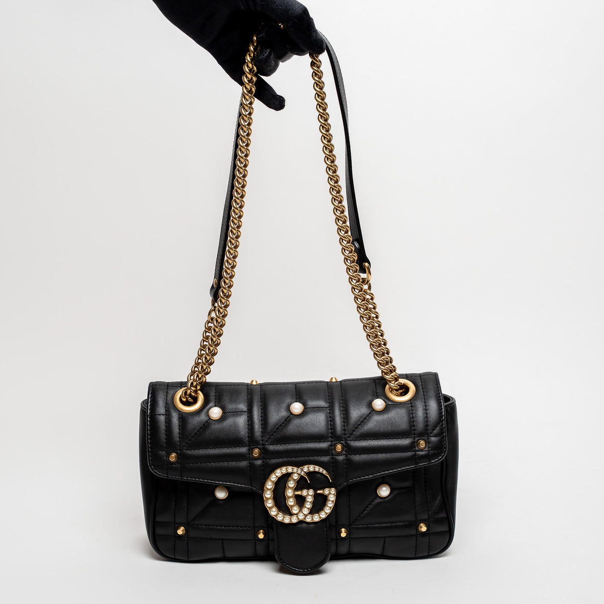 Gucci Black Calfskin Leather Faux Pearl GG Marmont Shoulder Bag