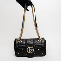 Gucci Black Calfskin Leather Faux Pearl GG Marmont Shoulder Bag