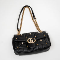 Gucci Black Calfskin Leather Faux Pearl GG Marmont Shoulder Bag