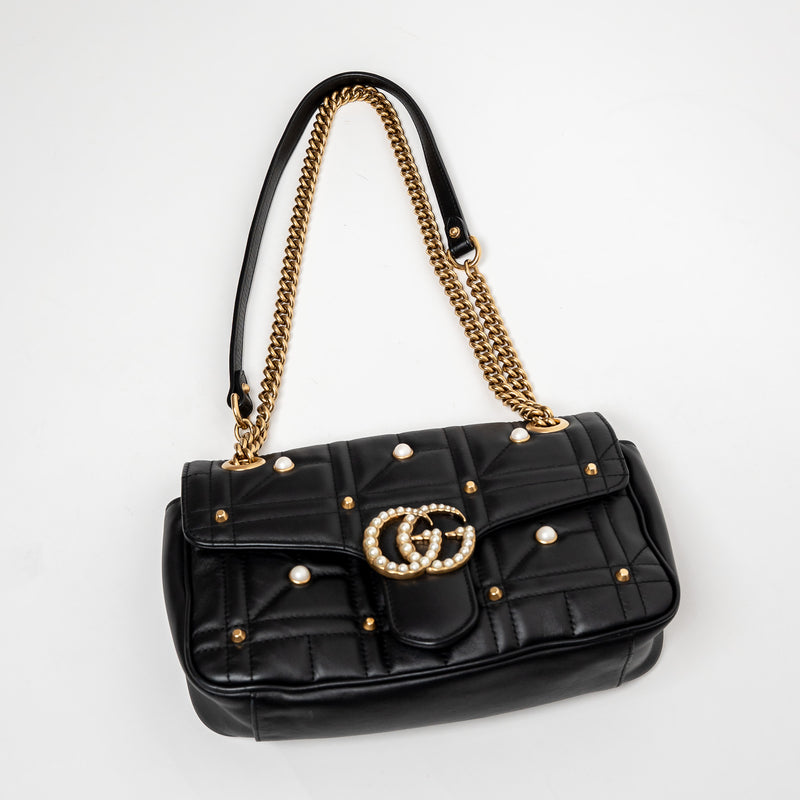 Gucci Black Calfskin Leather Faux Pearl GG Marmont Shoulder Bag