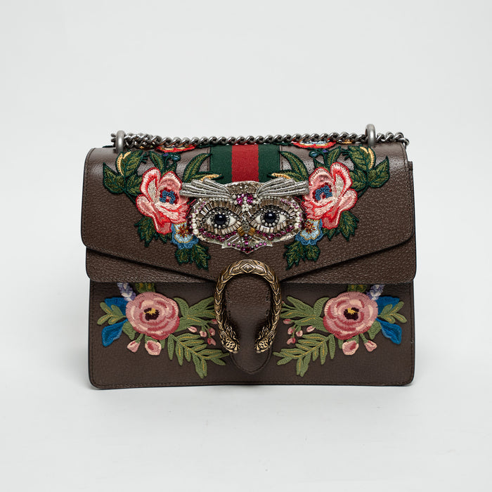 Gucci Brown Leather Embroidered Floral Web Medium Dionysus Shoulder Bag