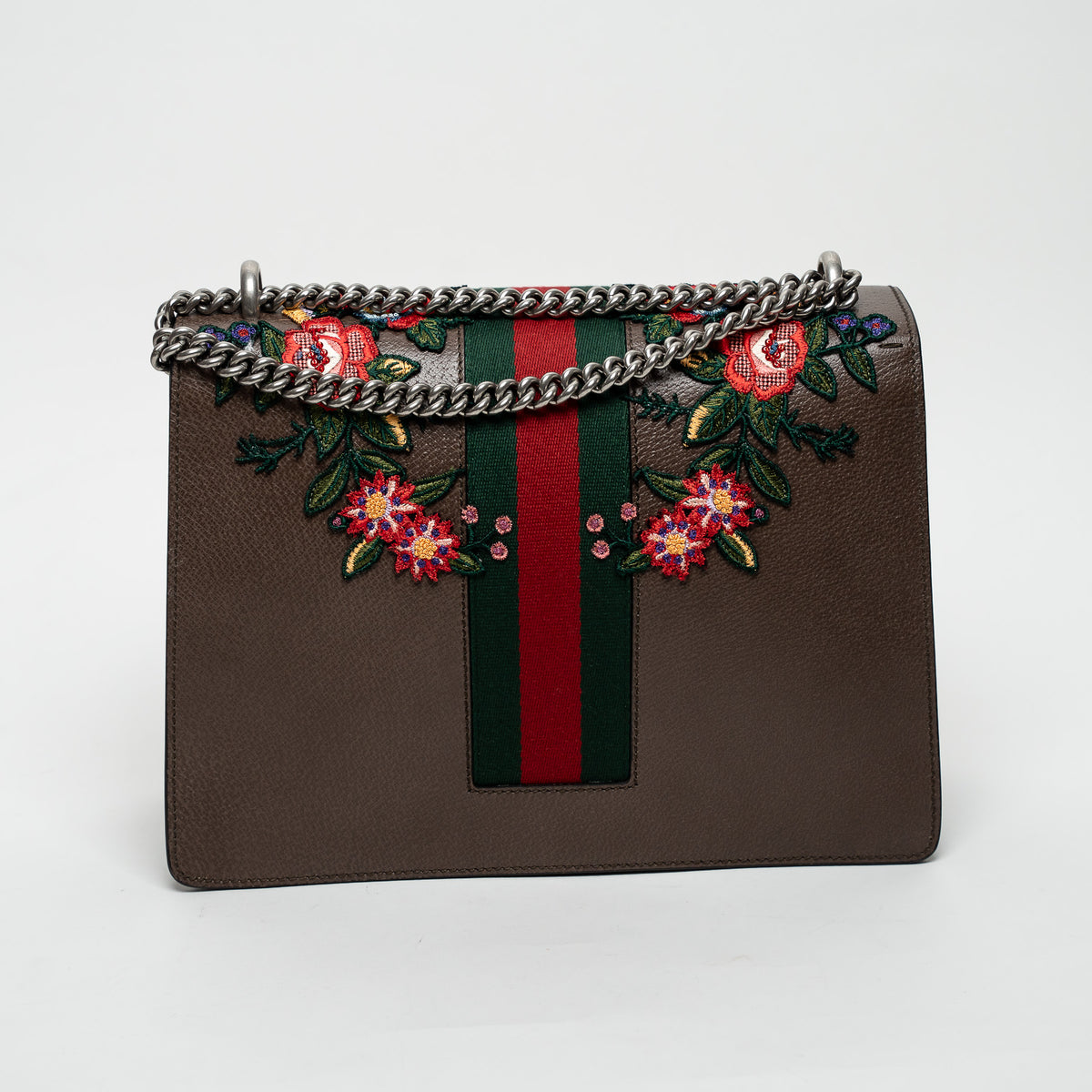 Gucci Brown Leather Embroidered Floral Web Medium Dionysus Shoulder Bag