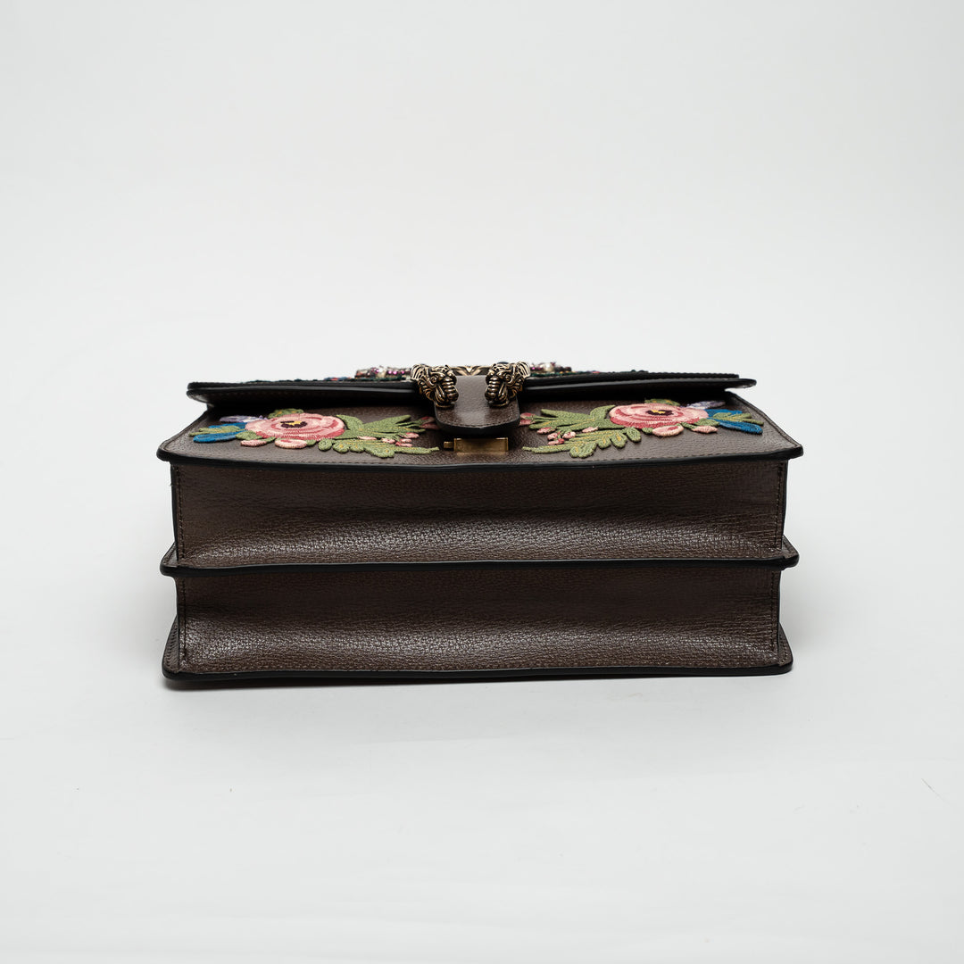 Gucci Brown Leather Embroidered Floral Web Medium Dionysus Shoulder Bag