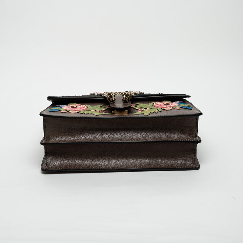 Gucci Brown Leather Embroidered Floral Web Medium Dionysus Shoulder Bag