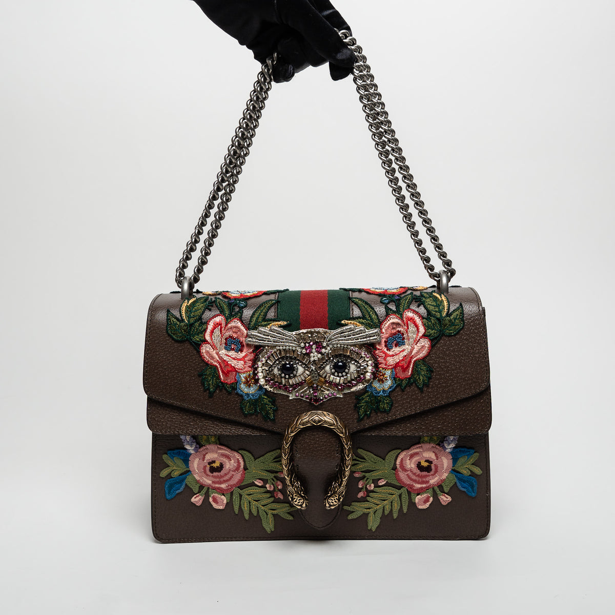 Gucci Brown Leather Embroidered Floral Web Medium Dionysus Shoulder Bag