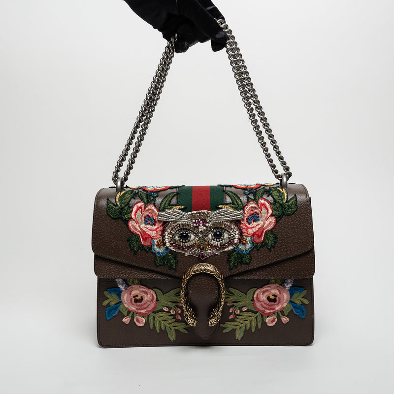 Gucci Brown Leather Embroidered Floral Web Medium Dionysus Shoulder Bag