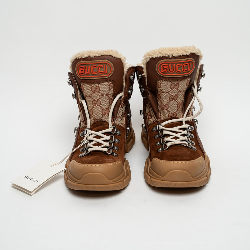 Gucci Brown Suede GG Supreme Shearling Flashtrek Boots Size 37