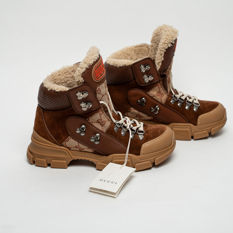 Gucci Brown Suede GG Supreme Shearling Flashtrek Boots Size 37