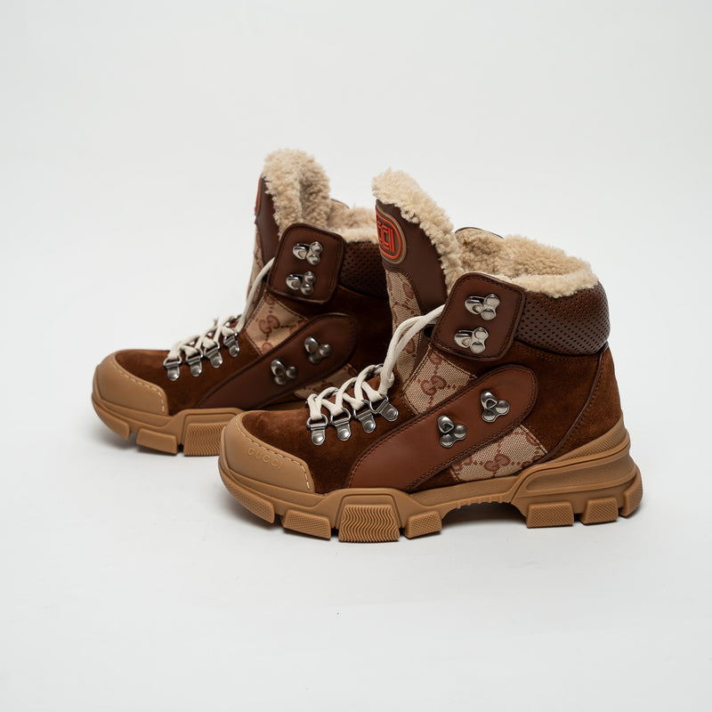 Gucci Brown Suede GG Supreme Shearling Flashtrek Boots Size 37