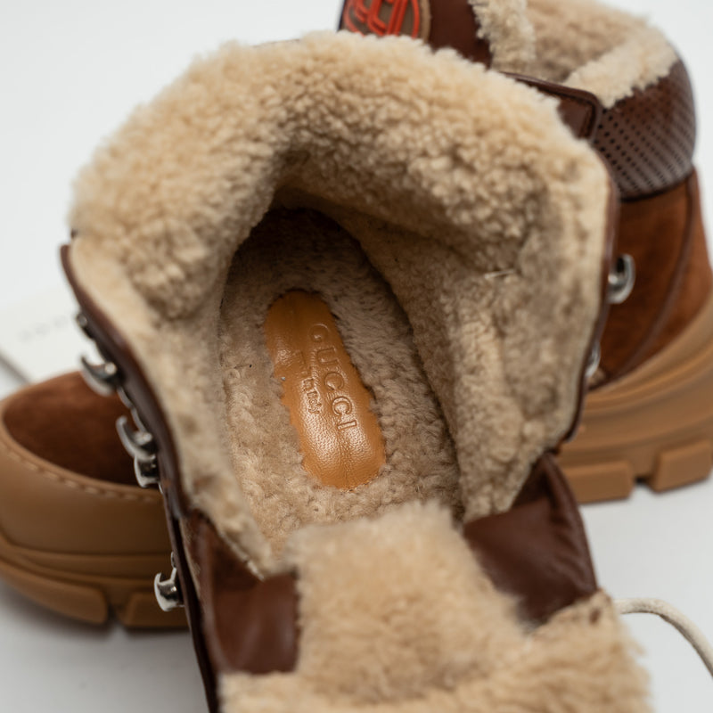 Gucci Brown Suede GG Supreme Shearling Flashtrek Boots Size 37