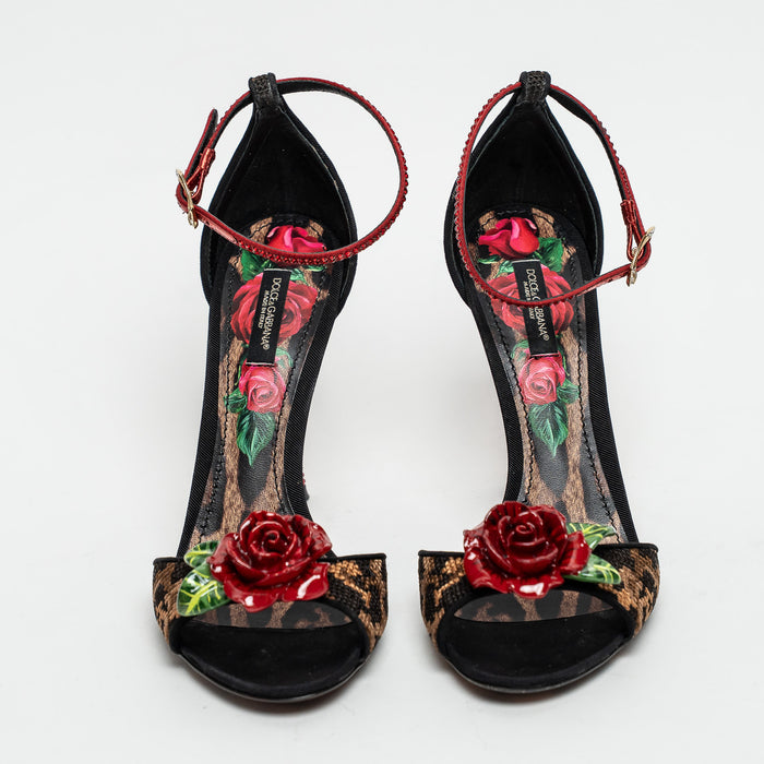 Dolce & Gabbana Leopard Print Canvas with Rose Sandals Size 38