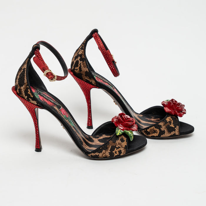 Dolce & Gabbana Leopard Print Canvas with Rose Sandals Size 38