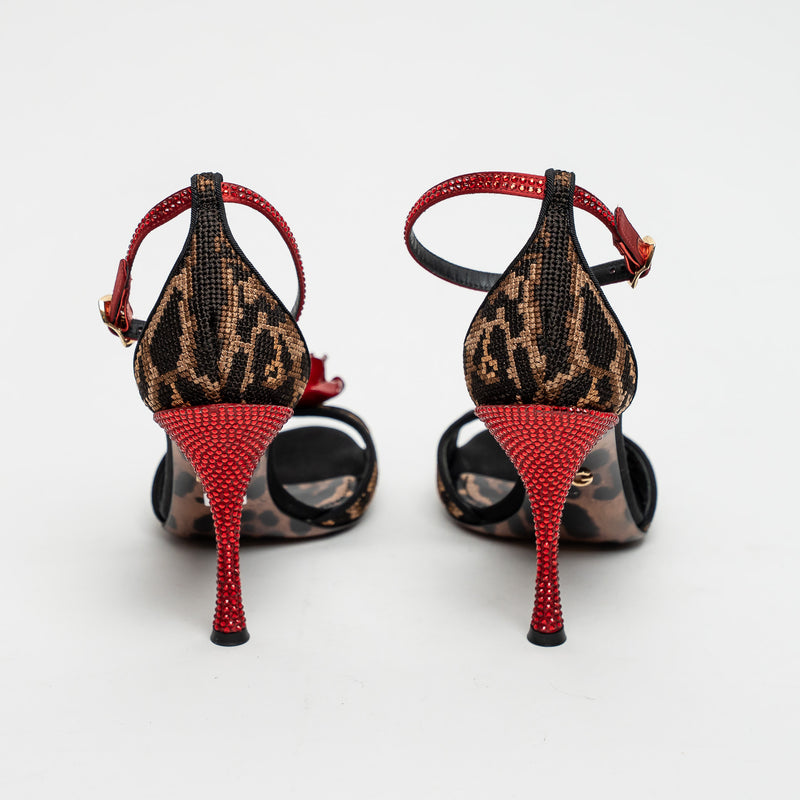 Dolce & Gabbana Leopard Print Canvas with Rose Sandals Size 38