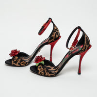 Dolce & Gabbana Leopard Print Canvas with Rose Sandals Size 38