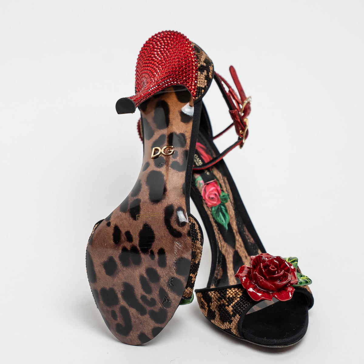 Dolce & Gabbana Leopard Print Canvas with Rose Sandals Size 38