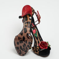 Dolce & Gabbana Leopard Print Canvas with Rose Sandals Size 38